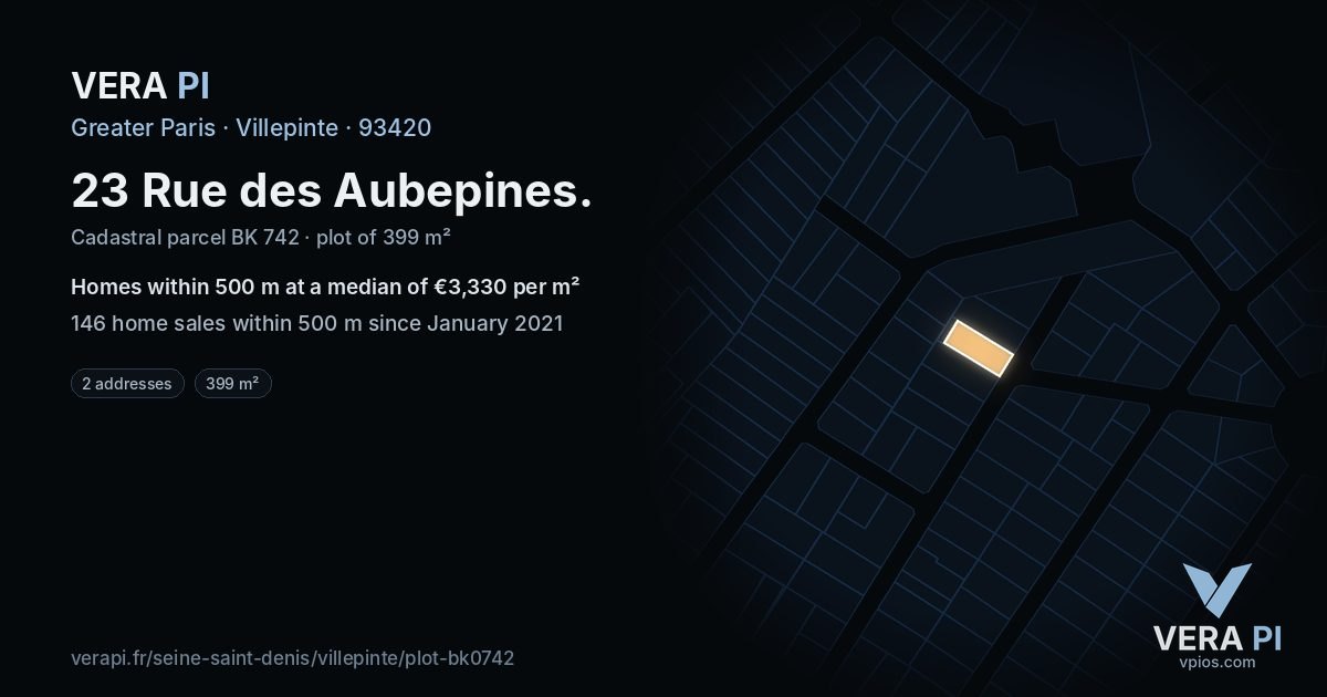 23 Rue des Aubepines, Villepinte at night – the plot lit, the parcels around coloured by the prices near them
