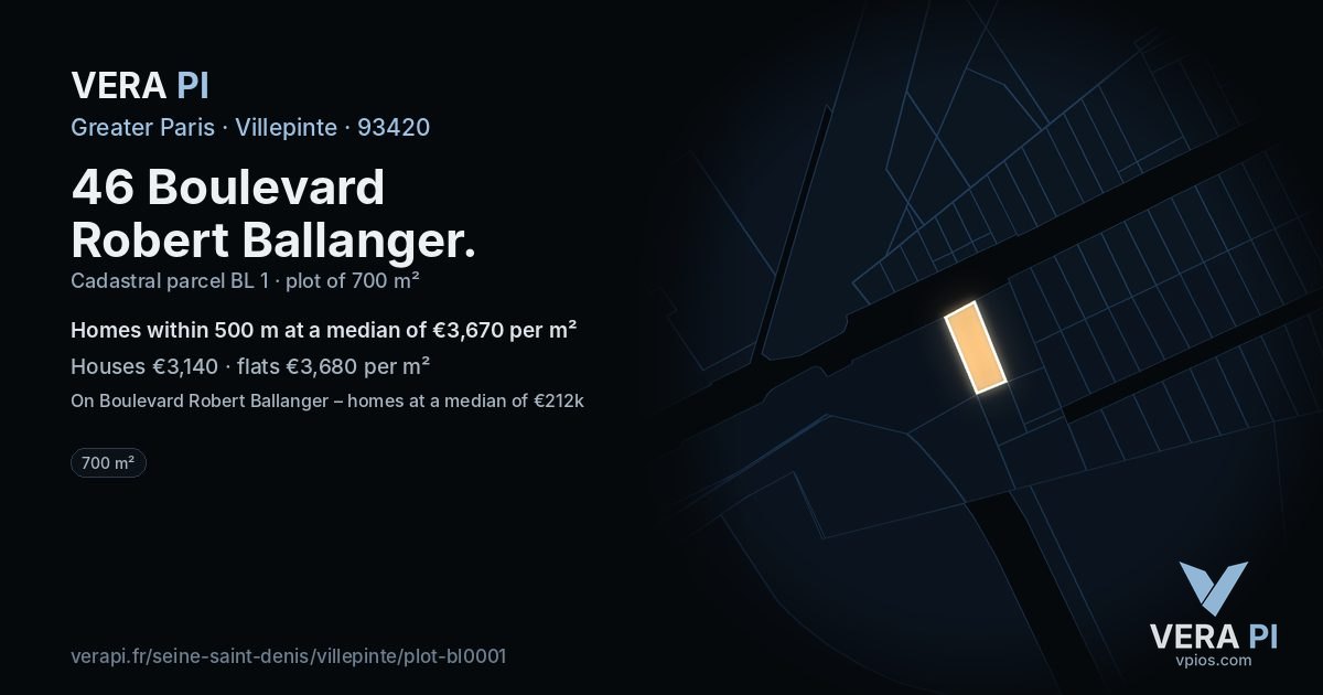 46 Boulevard Robert Ballanger, Villepinte at night – the plot lit, the parcels around coloured by the prices near them