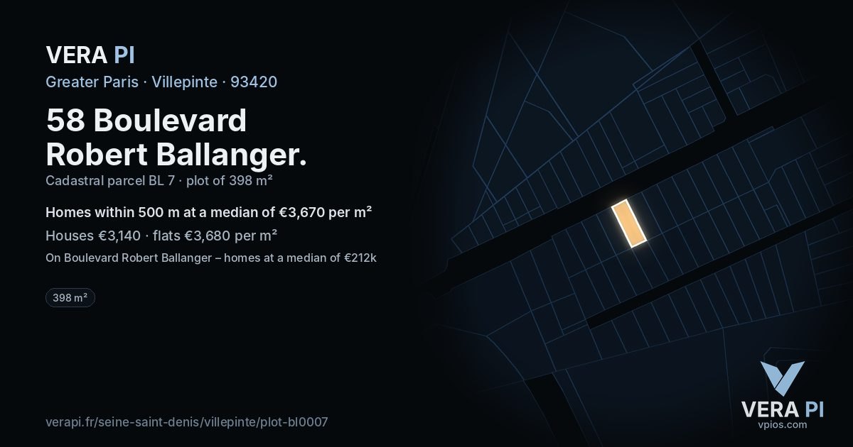 58 Boulevard Robert Ballanger, Villepinte at night – the plot lit, the parcels around coloured by the prices near them