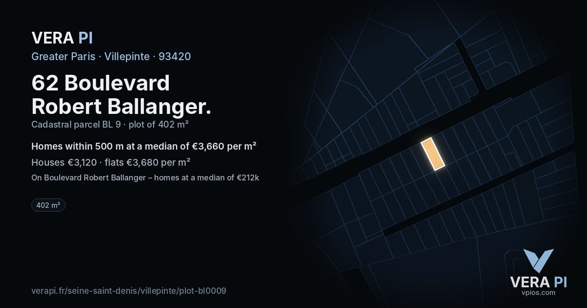 62 Boulevard Robert Ballanger, Villepinte at night – the plot lit, the parcels around coloured by the prices near them