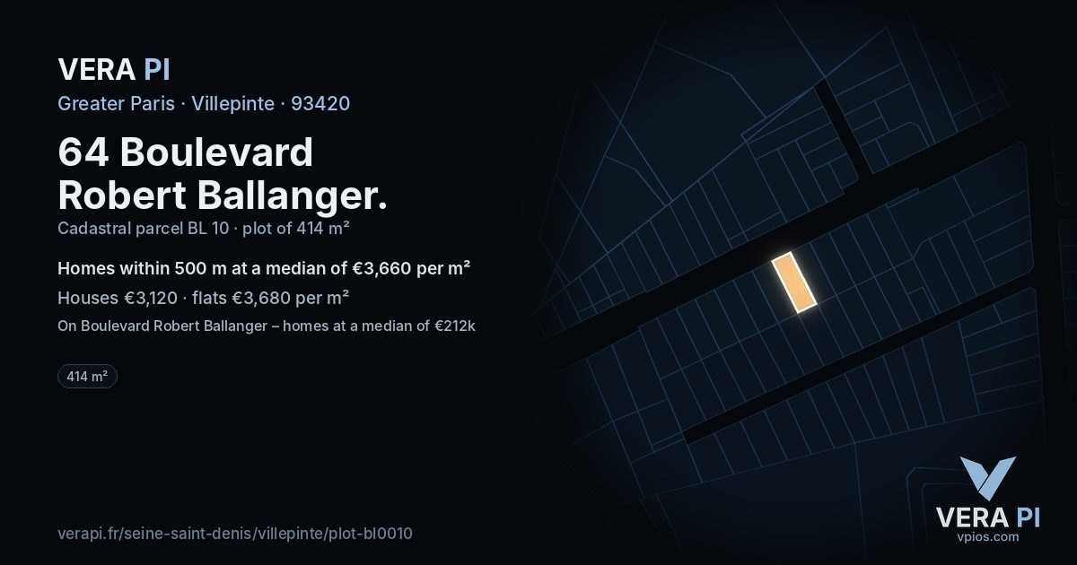 64 Boulevard Robert Ballanger, Villepinte at night – the plot lit, the parcels around coloured by the prices near them