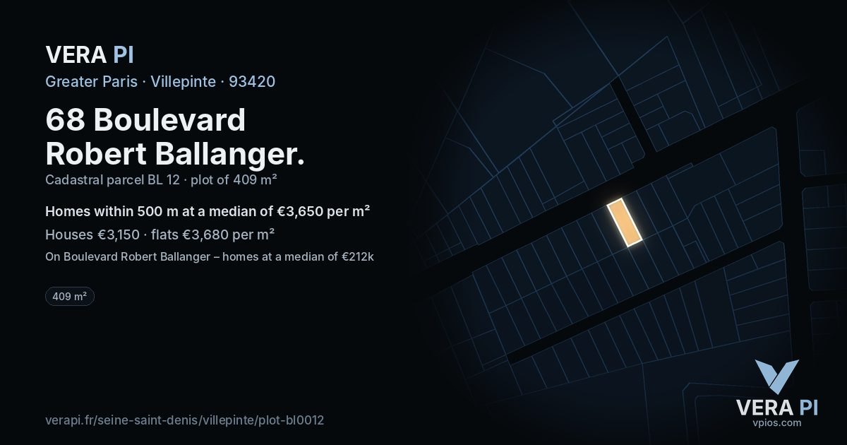 68 Boulevard Robert Ballanger, Villepinte at night – the plot lit, the parcels around coloured by the prices near them