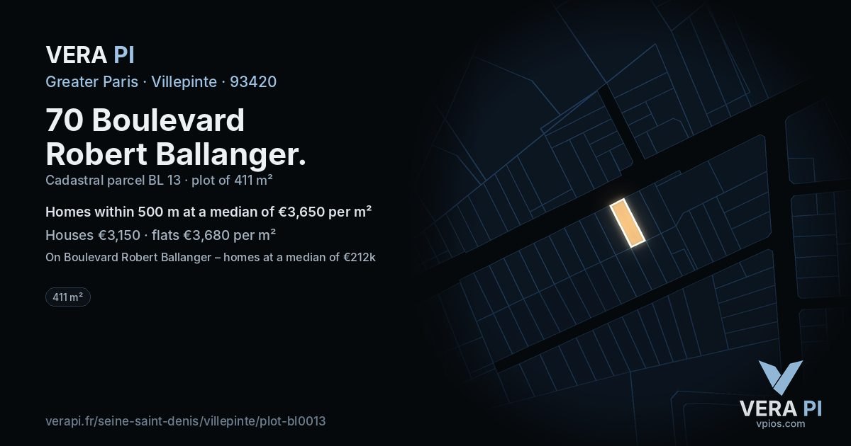 70 Boulevard Robert Ballanger, Villepinte at night – the plot lit, the parcels around coloured by the prices near them