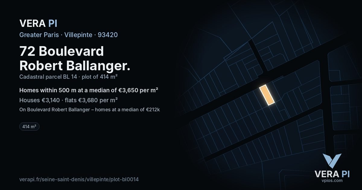 72 Boulevard Robert Ballanger, Villepinte at night – the plot lit, the parcels around coloured by the prices near them