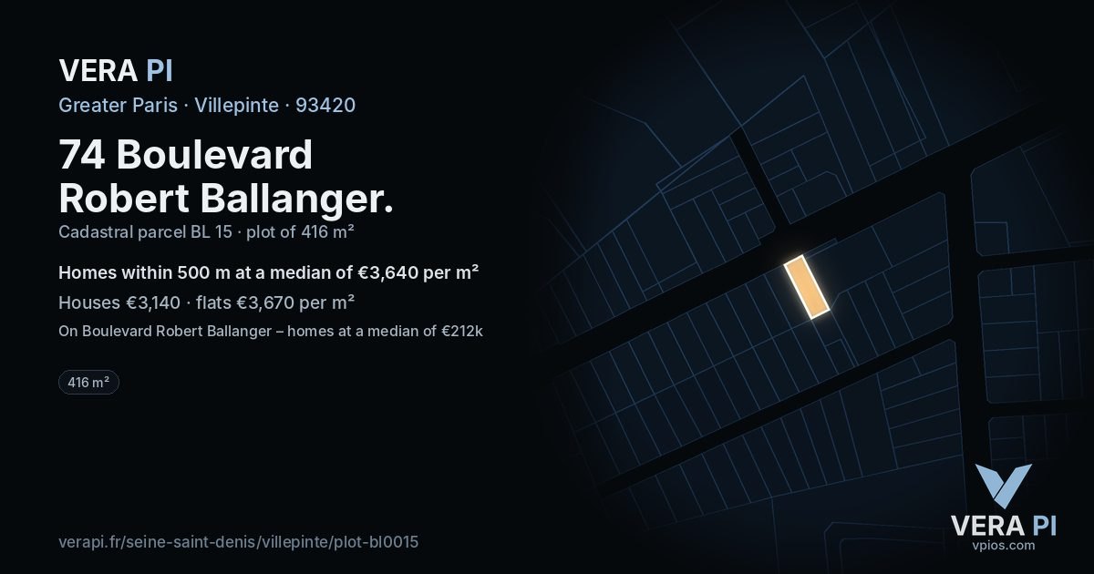 74 Boulevard Robert Ballanger, Villepinte at night – the plot lit, the parcels around coloured by the prices near them