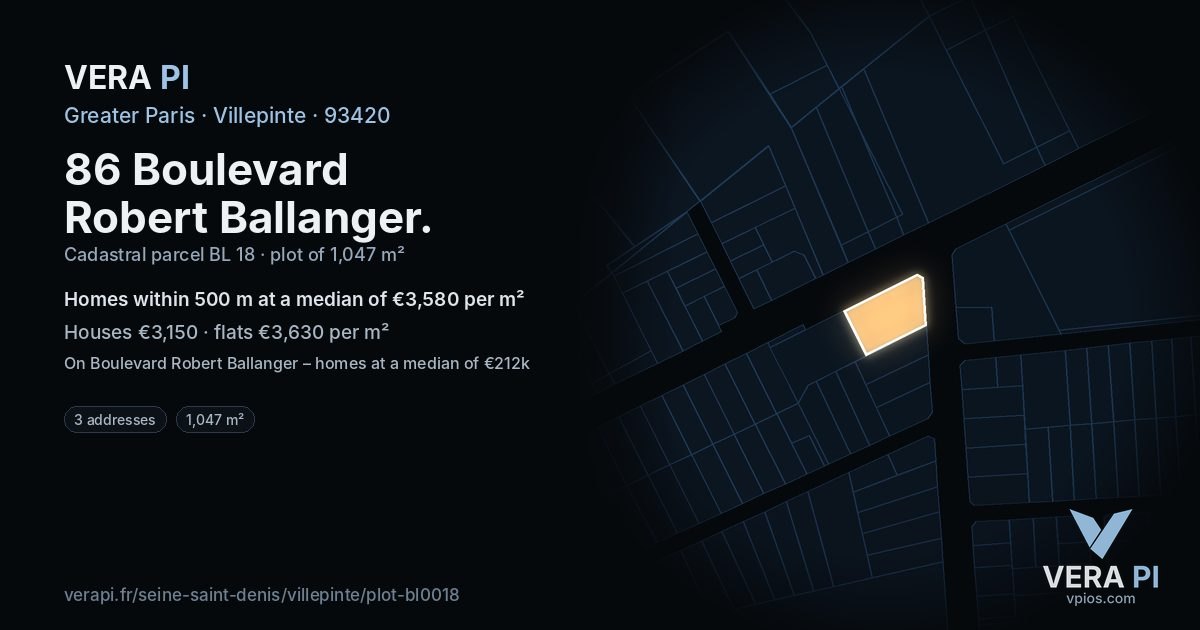 86 Boulevard Robert Ballanger, Villepinte at night – the plot lit, the parcels around coloured by the prices near them