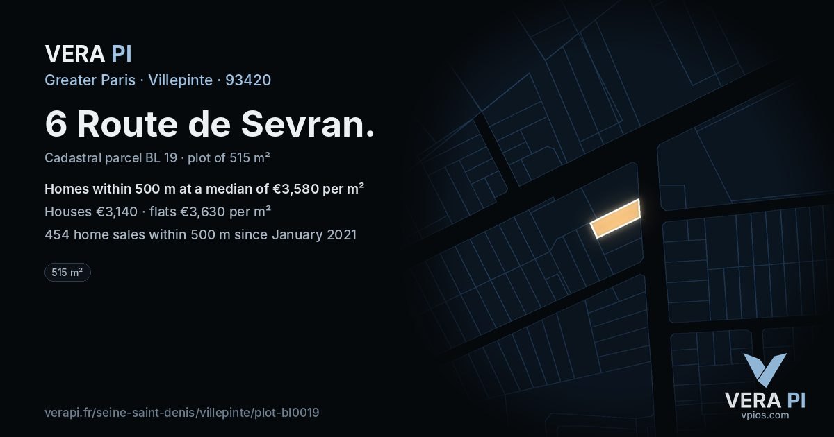 6 Route de Sevran, Villepinte at night – the plot lit, the parcels around coloured by the prices near them