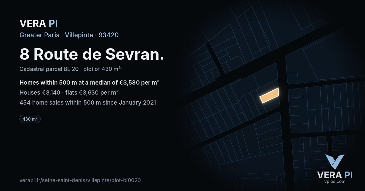 8 Route de Sevran, Villepinte at night – the plot lit, the parcels around coloured by the prices near them