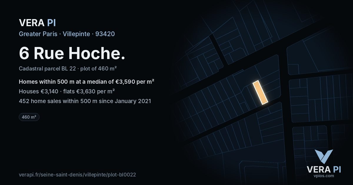 6 Rue Hoche, Villepinte at night – the plot lit, the parcels around coloured by the prices near them