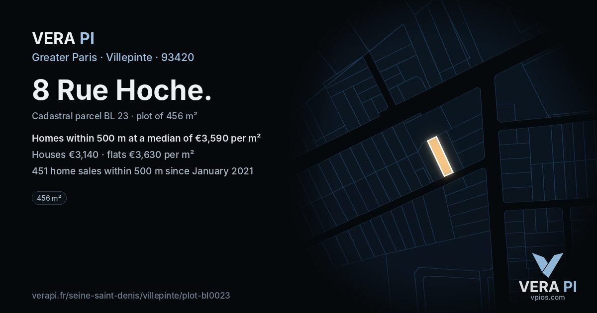 8 Rue Hoche, Villepinte at night – the plot lit, the parcels around coloured by the prices near them