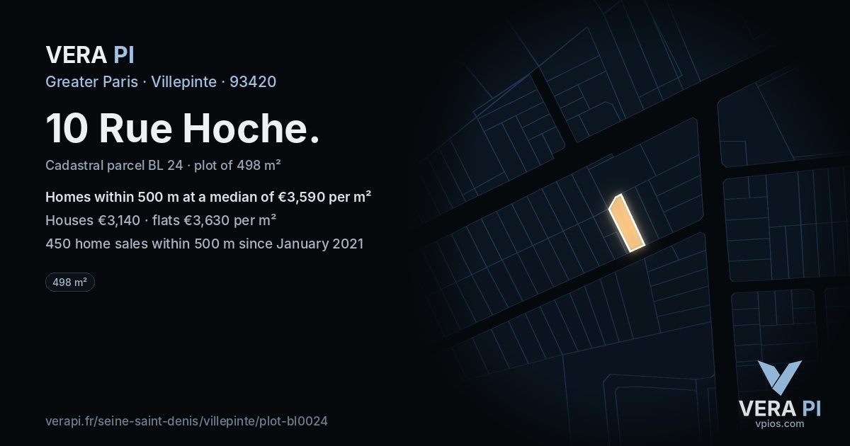10 Rue Hoche, Villepinte at night – the plot lit, the parcels around coloured by the prices near them