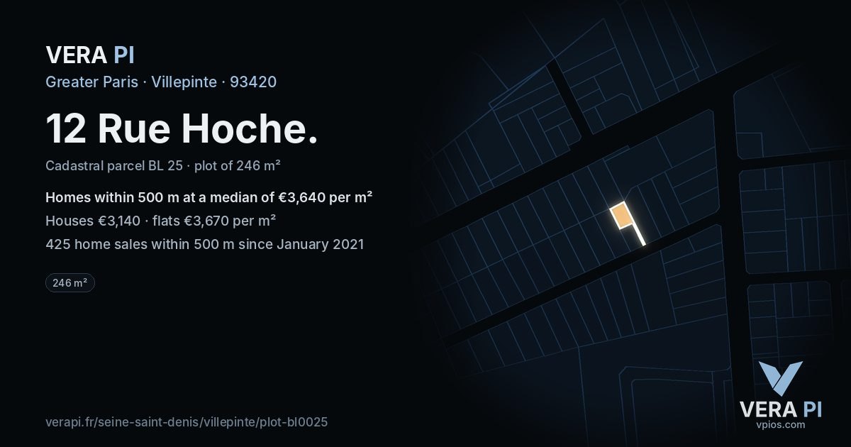 12 Rue Hoche, Villepinte at night – the plot lit, the parcels around coloured by the prices near them