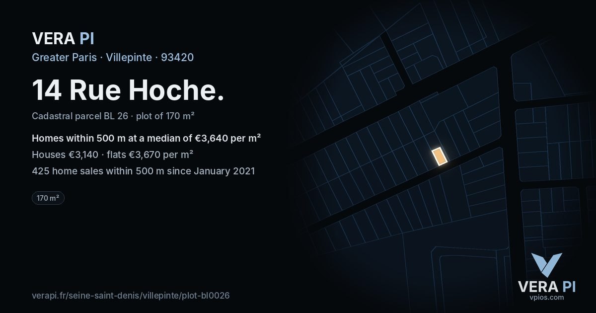 14 Rue Hoche, Villepinte at night – the plot lit, the parcels around coloured by the prices near them