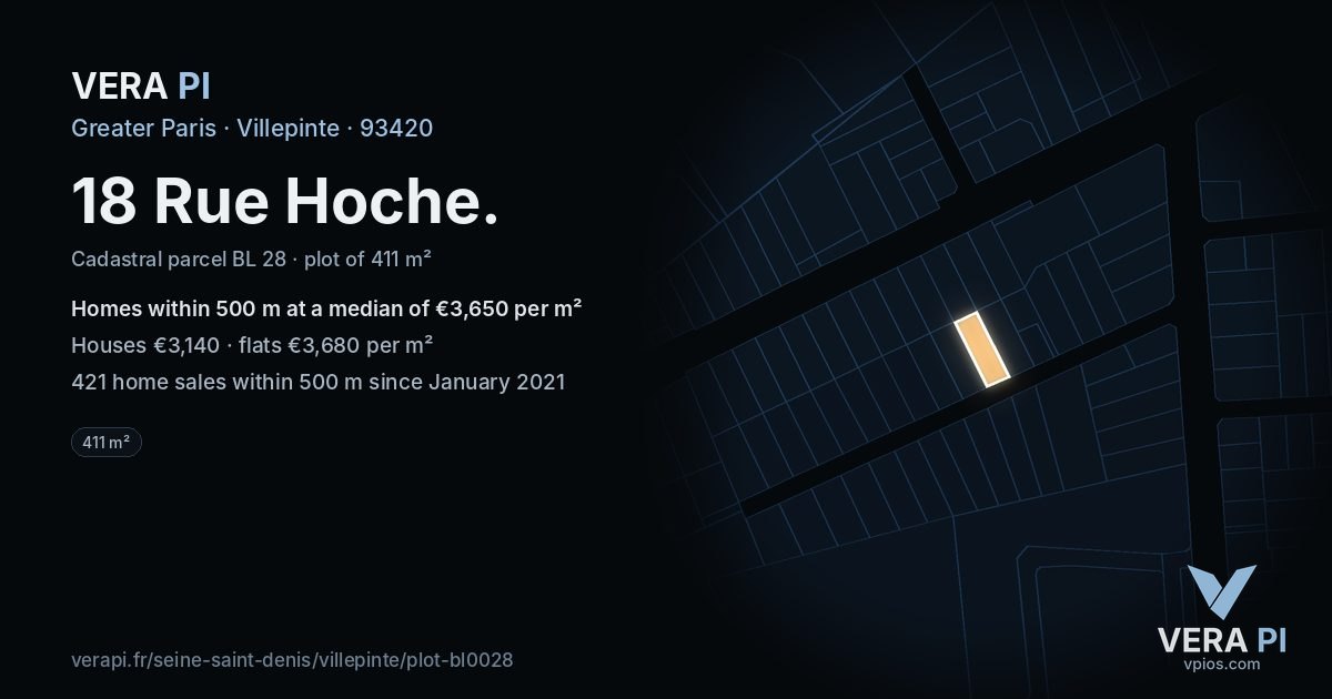 18 Rue Hoche, Villepinte at night – the plot lit, the parcels around coloured by the prices near them