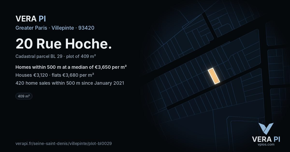 20 Rue Hoche, Villepinte at night – the plot lit, the parcels around coloured by the prices near them