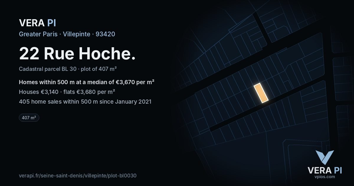22 Rue Hoche, Villepinte at night – the plot lit, the parcels around coloured by the prices near them