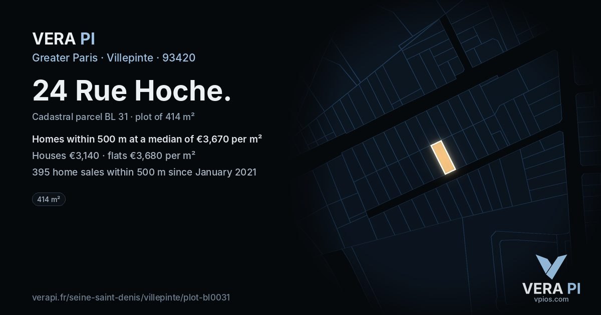 24 Rue Hoche, Villepinte at night – the plot lit, the parcels around coloured by the prices near them