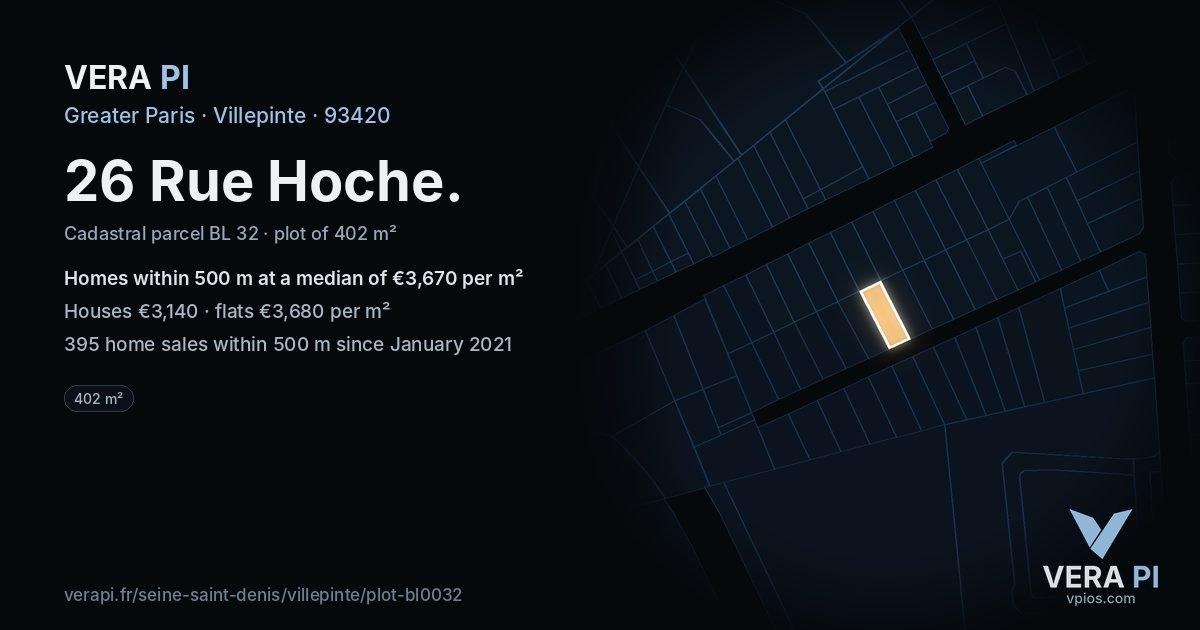 26 Rue Hoche, Villepinte at night – the plot lit, the parcels around coloured by the prices near them