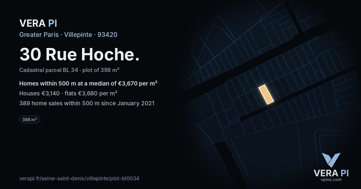 30 Rue Hoche, Villepinte at night – the plot lit, the parcels around coloured by the prices near them