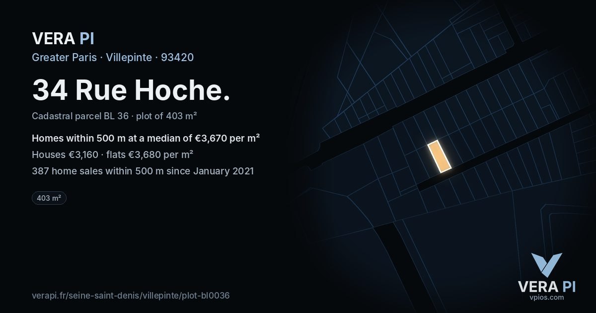 34 Rue Hoche, Villepinte at night – the plot lit, the parcels around coloured by the prices near them