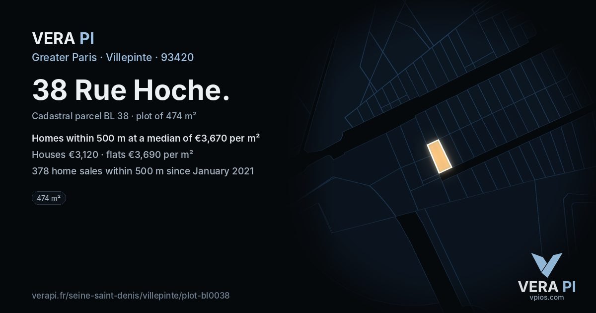 38 Rue Hoche, Villepinte at night – the plot lit, the parcels around coloured by the prices near them