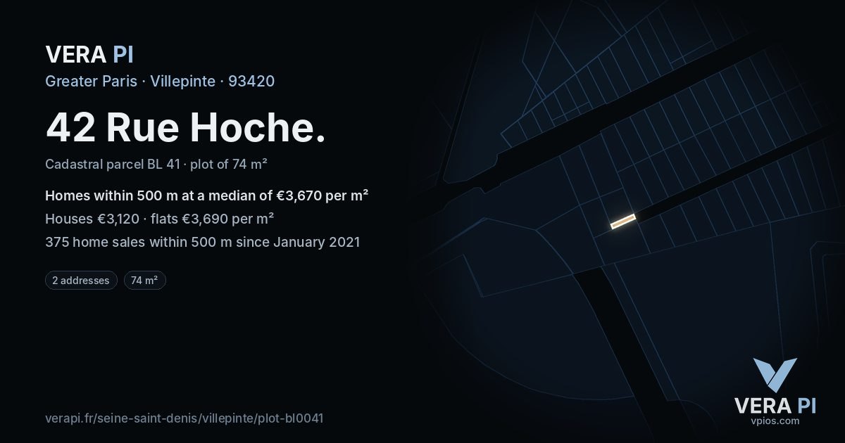42 Rue Hoche, Villepinte at night – the plot lit, the parcels around coloured by the prices near them