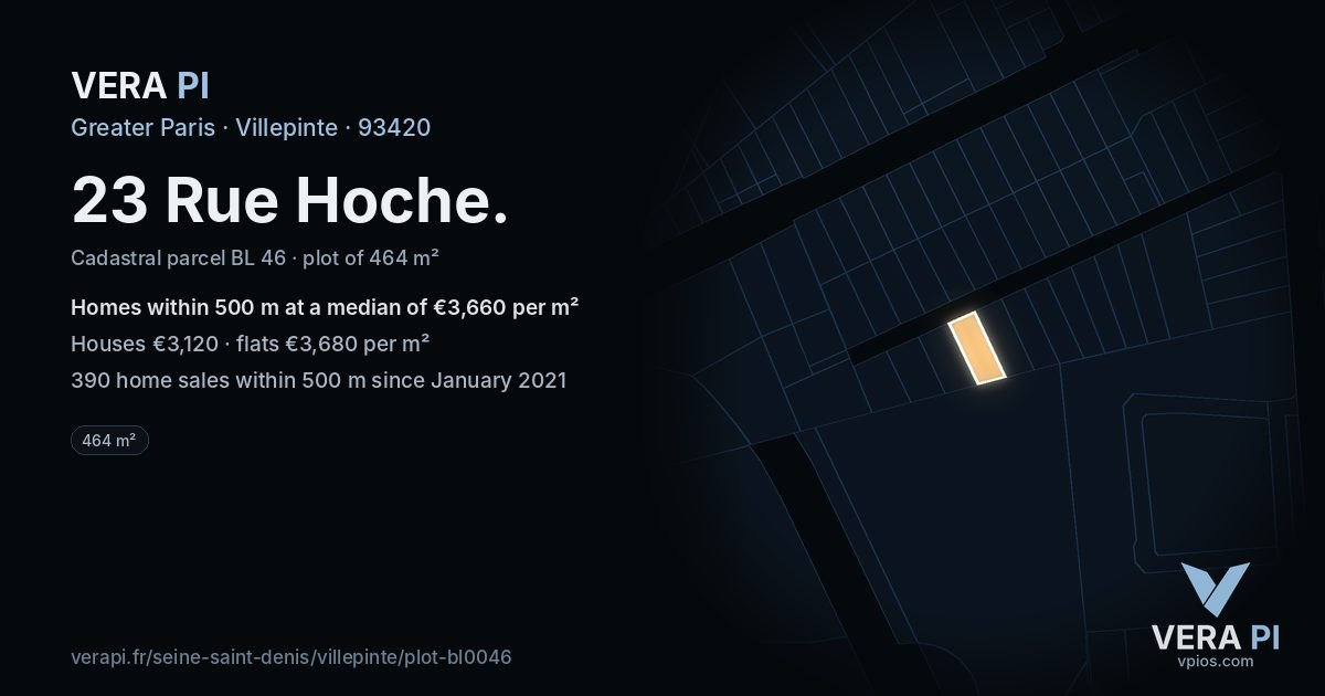 23 Rue Hoche, Villepinte at night – the plot lit, the parcels around coloured by the prices near them