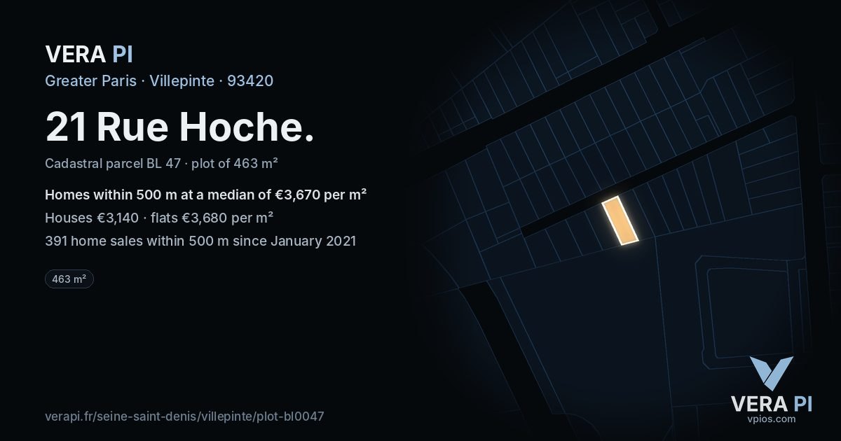 21 Rue Hoche, Villepinte at night – the plot lit, the parcels around coloured by the prices near them