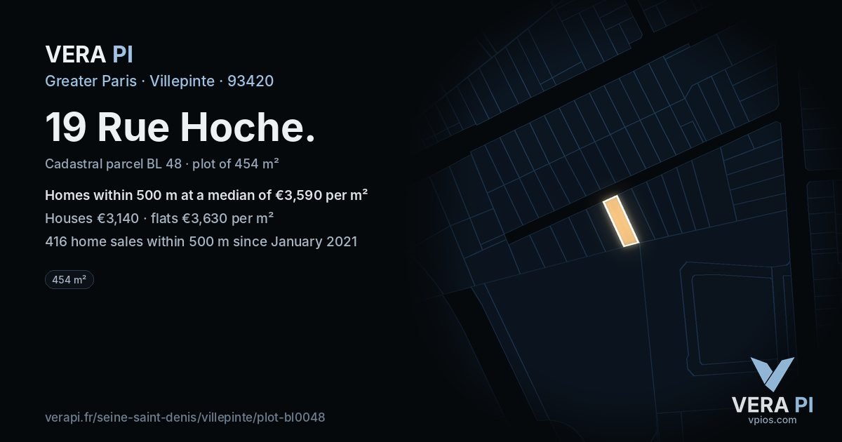 19 Rue Hoche, Villepinte at night – the plot lit, the parcels around coloured by the prices near them