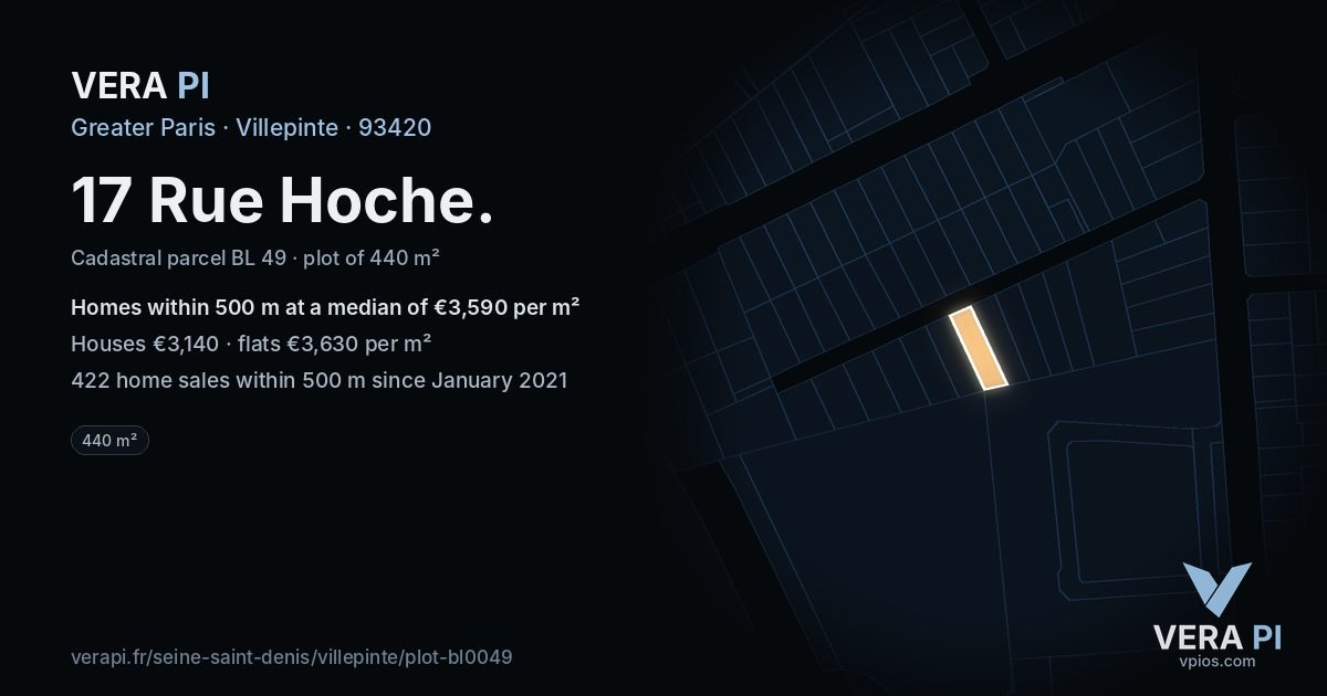 17 Rue Hoche, Villepinte at night – the plot lit, the parcels around coloured by the prices near them
