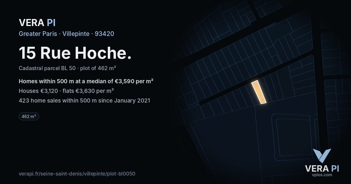 15 Rue Hoche, Villepinte at night – the plot lit, the parcels around coloured by the prices near them
