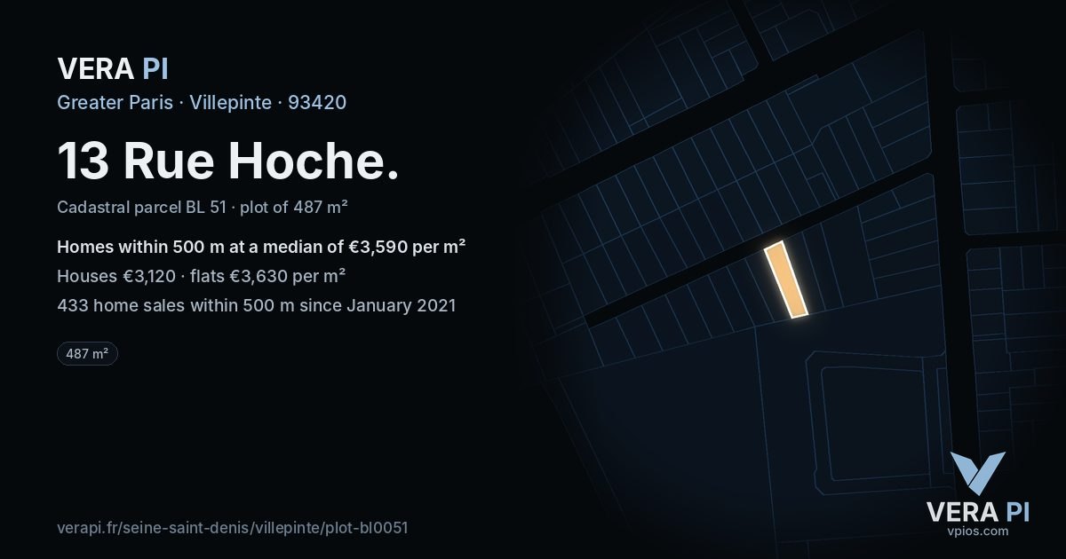 13 Rue Hoche, Villepinte at night – the plot lit, the parcels around coloured by the prices near them