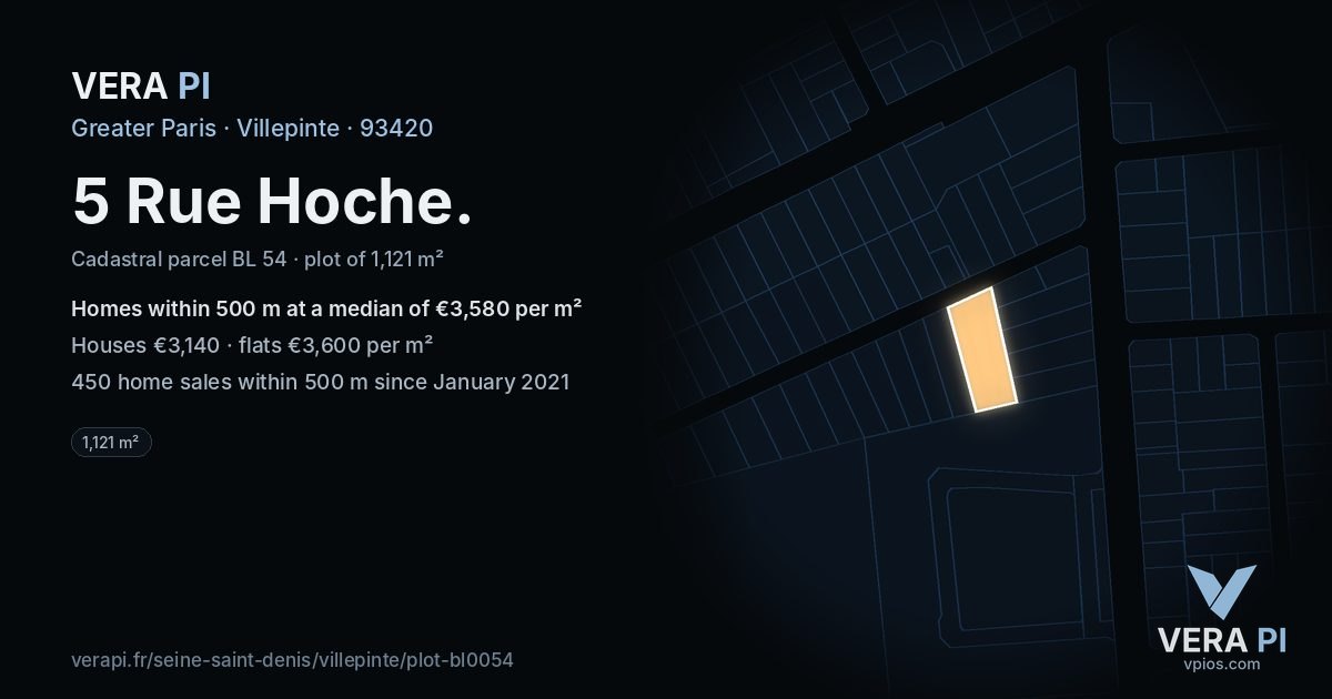5 Rue Hoche, Villepinte at night – the plot lit, the parcels around coloured by the prices near them