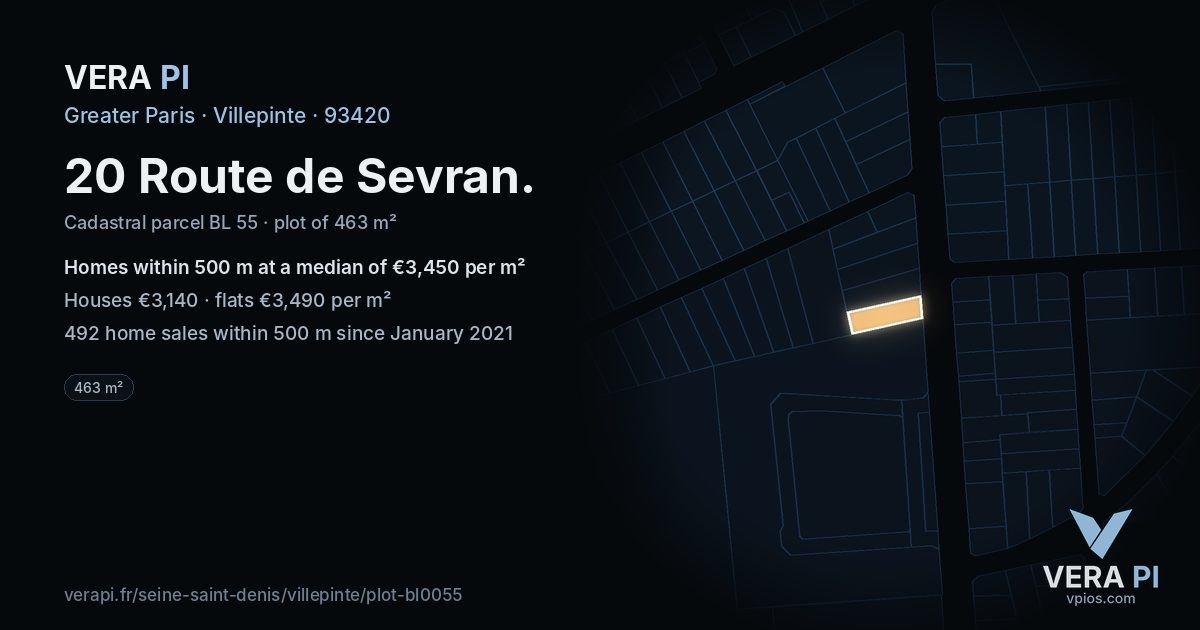 20 Route de Sevran, Villepinte at night – the plot lit, the parcels around coloured by the prices near them