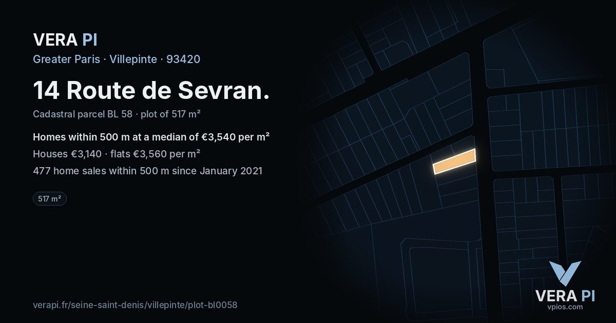 14 Route de Sevran, Villepinte at night – the plot lit, the parcels around coloured by the prices near them