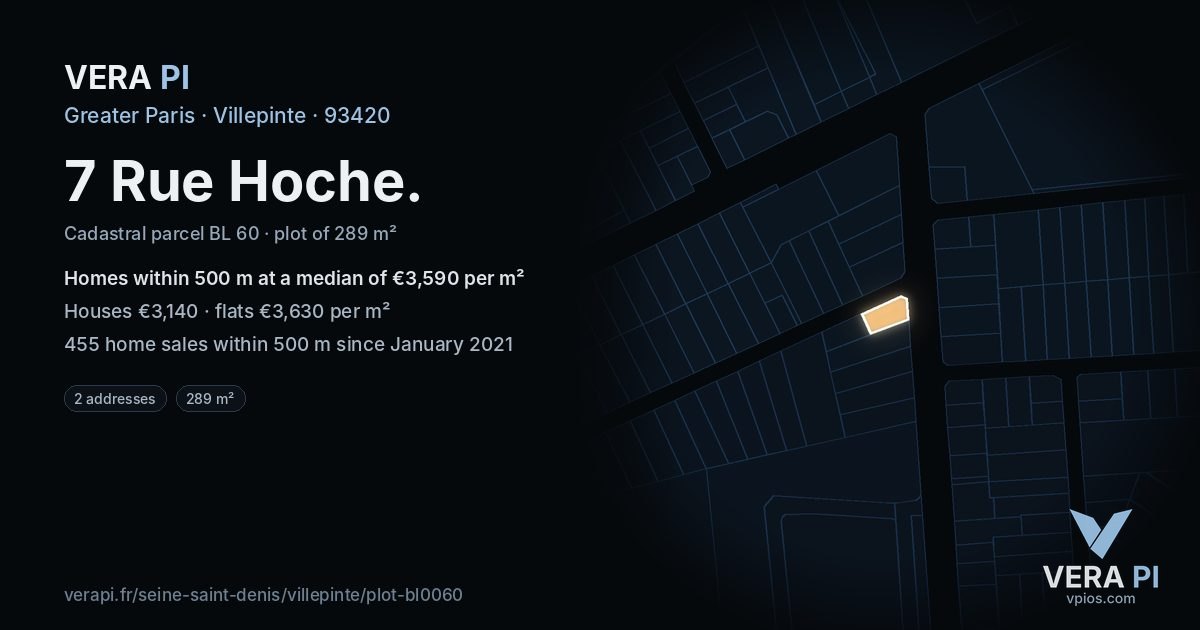 7 Rue Hoche, Villepinte at night – the plot lit, the parcels around coloured by the prices near them