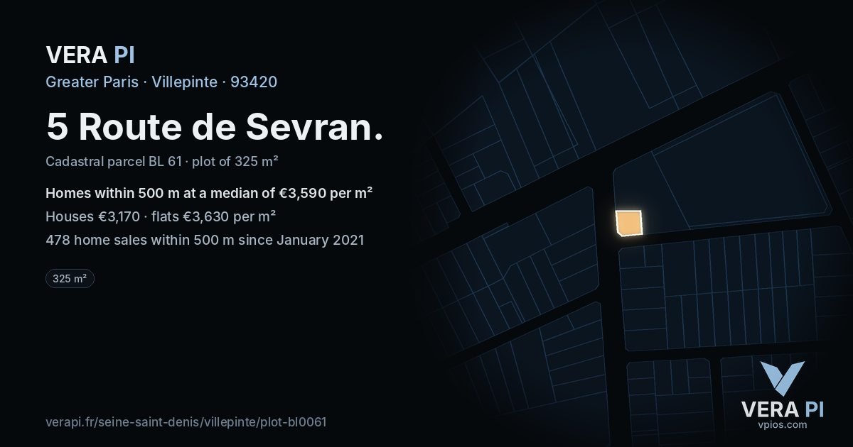 5 Route de Sevran, Villepinte at night – the plot lit, the parcels around coloured by the prices near them