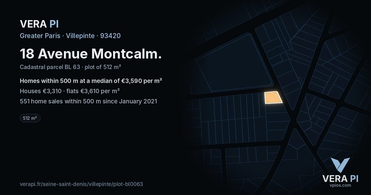 18 Avenue Montcalm, Villepinte at night – the plot lit, the parcels around coloured by the prices near them