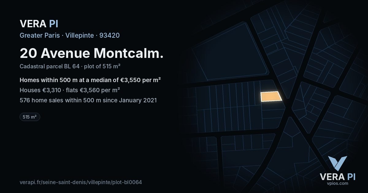 20 Avenue Montcalm, Villepinte at night – the plot lit, the parcels around coloured by the prices near them