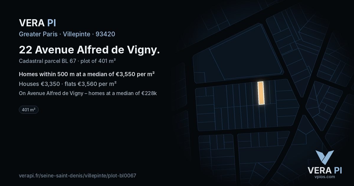 22 Avenue Alfred de Vigny, Villepinte at night – the plot lit, the parcels around coloured by the prices near them