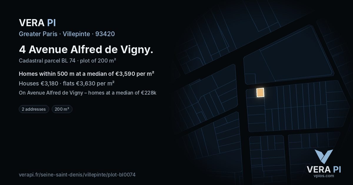 4 Avenue Alfred de Vigny, Villepinte at night – the plot lit, the parcels around coloured by the prices near them