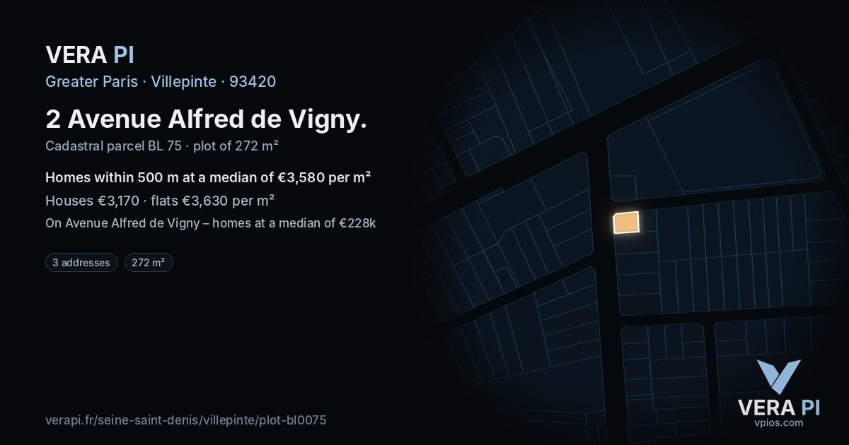 2 Avenue Alfred de Vigny, Villepinte at night – the plot lit, the parcels around coloured by the prices near them