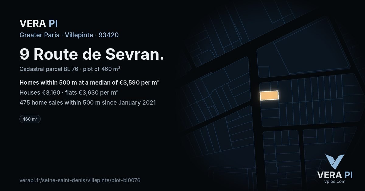 9 Route de Sevran, Villepinte at night – the plot lit, the parcels around coloured by the prices near them