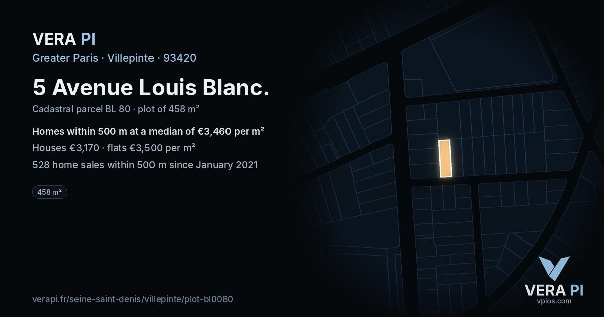 5 Avenue Louis Blanc, Villepinte at night – the plot lit, the parcels around coloured by the prices near them