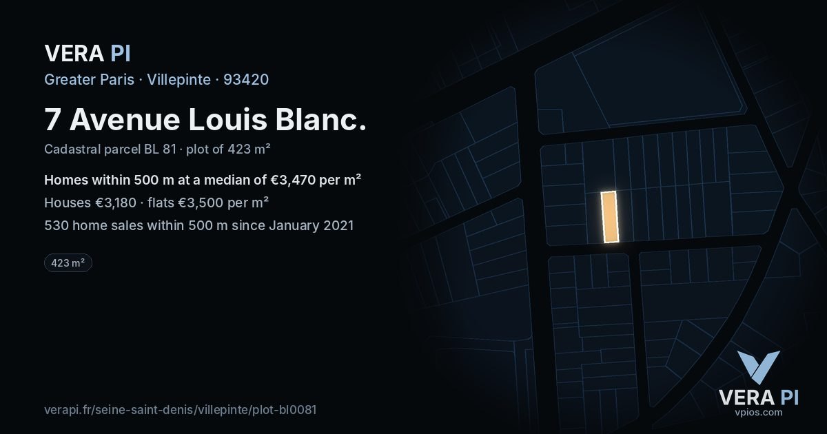 7 Avenue Louis Blanc, Villepinte at night – the plot lit, the parcels around coloured by the prices near them