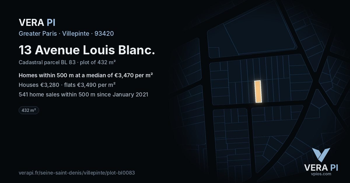13 Avenue Louis Blanc, Villepinte at night – the plot lit, the parcels around coloured by the prices near them