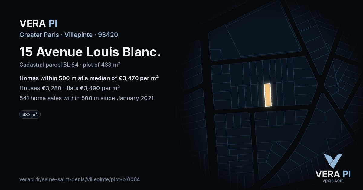 15 Avenue Louis Blanc, Villepinte at night – the plot lit, the parcels around coloured by the prices near them