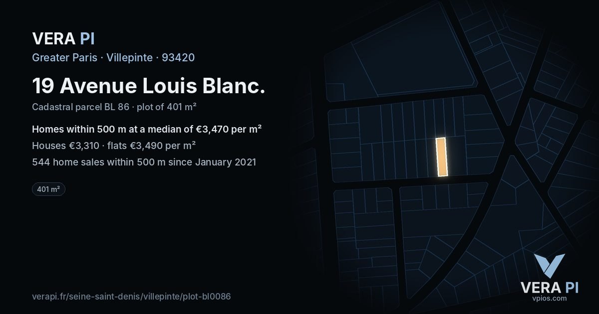 19 Avenue Louis Blanc, Villepinte at night – the plot lit, the parcels around coloured by the prices near them