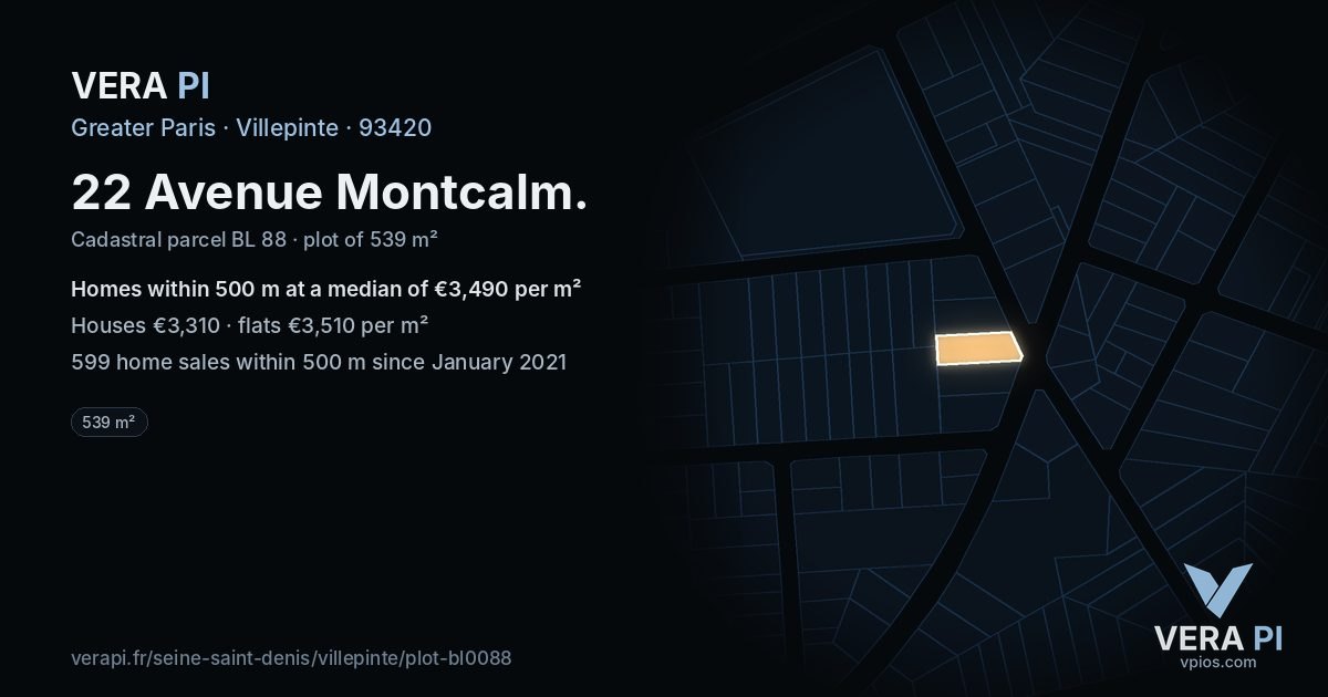 22 Avenue Montcalm, Villepinte at night – the plot lit, the parcels around coloured by the prices near them
