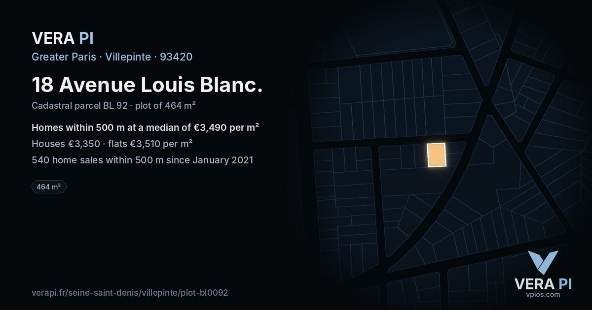 18 Avenue Louis Blanc, Villepinte at night – the plot lit, the parcels around coloured by the prices near them